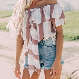 Willow & Root from Buckle, Off-Shoulder Striped Blouse in White and Brown Small